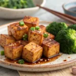 Tofu marinado crujiente con brócoli en plato rústico