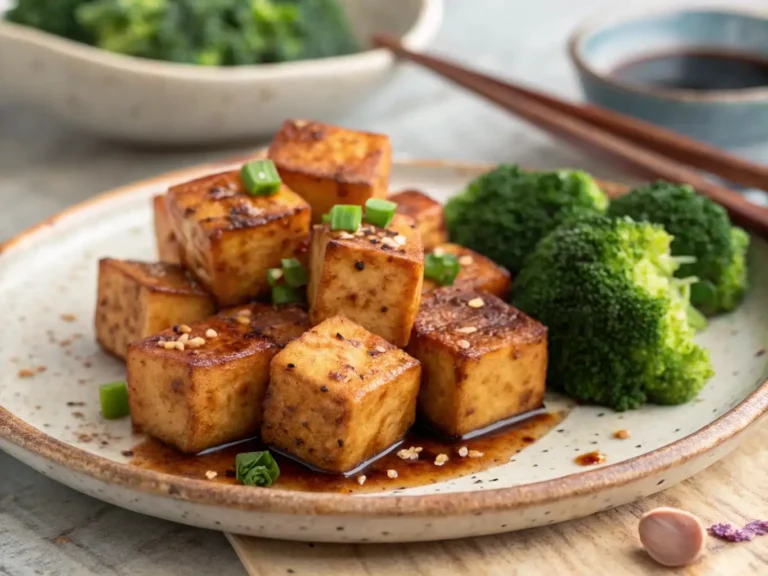 Tofu Marinado Viral: Solo 8 Ingredientes 17 Tofu marinado crujiente con brócoli en plato rústico